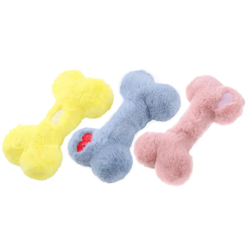 Bone-shaped plush dog toy with squeaker in blue, pink, and yellow colour options