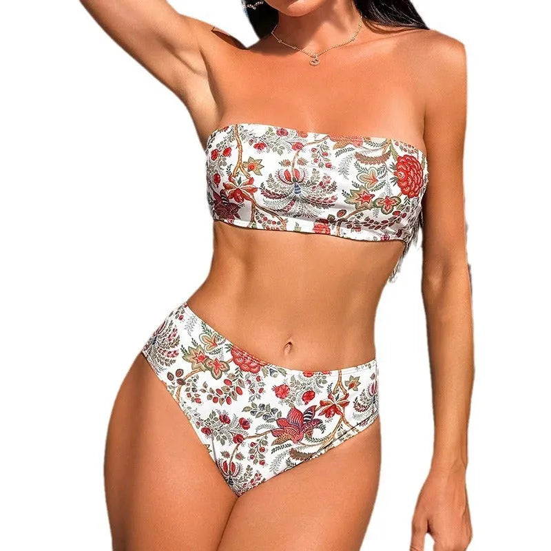 Women's printed bandeau swimsuit top with matching shorts for swimming.