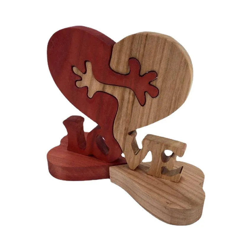Wooden heart love desktop ornament with engraved modern minimalist geometric design in colour A, 10x13x2cm