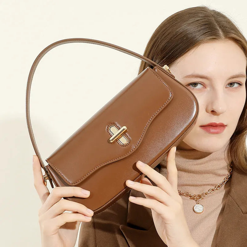 Leather baguette shoulder bag in black, wine red, coffee or caramel with organised interior compartments