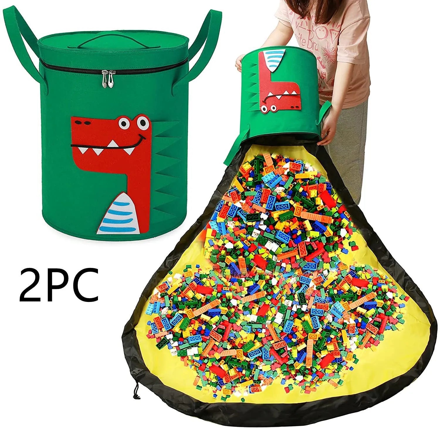 Green felt cube storage bag with pull rope, shown open as a play mat and closed as a toy container.