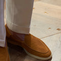 Men's genuine leather loafers in beige, shown in a low-top design with a TPR sole.