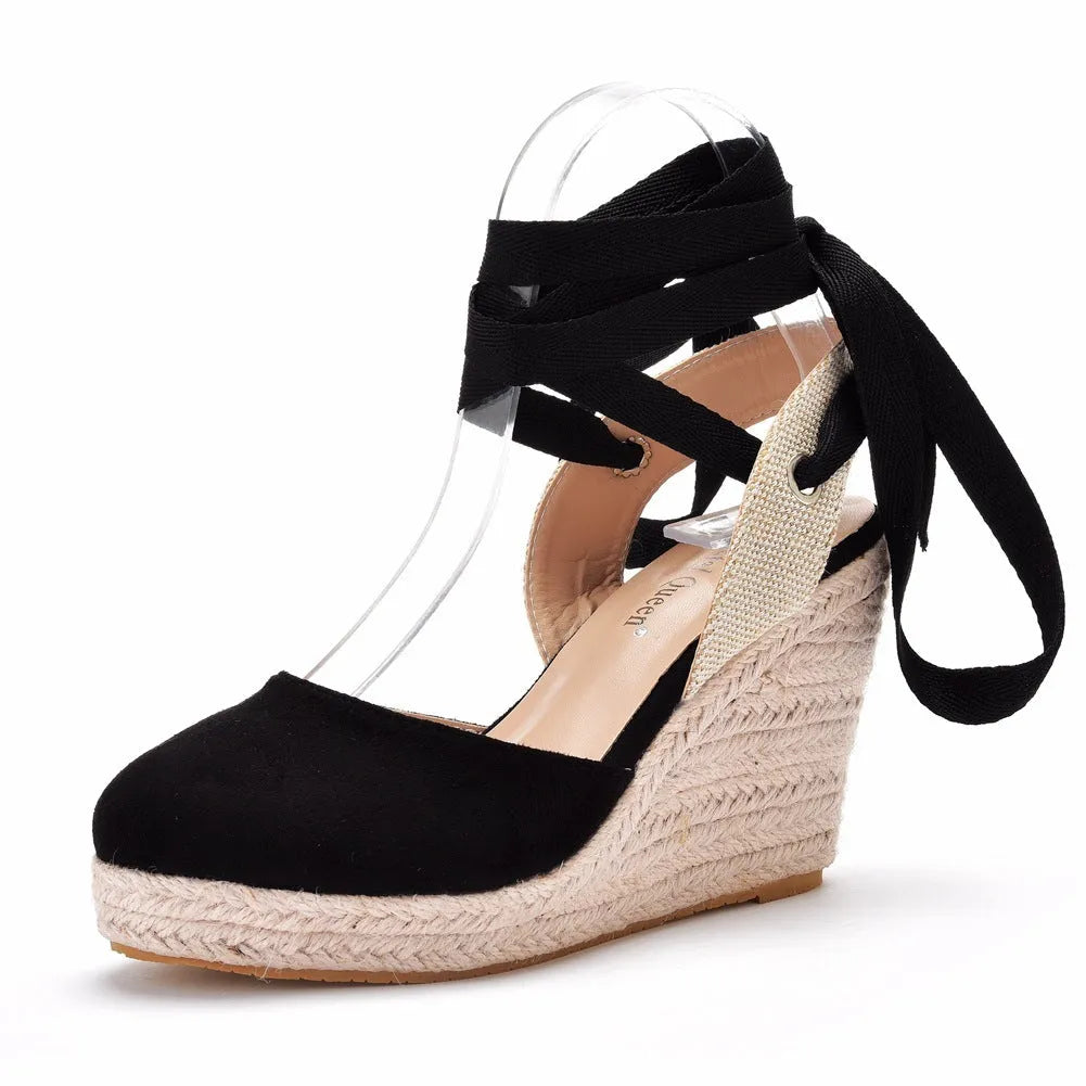 Women's apricot bohemian wedge sandals with bead details, adjustable ankle buckle, and a high platform sole.
