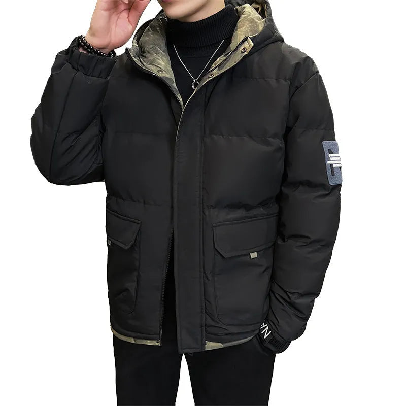 Men's hooded cardigan coat with polyester fibre filling, loose fit, available in black, khaki, and light blue