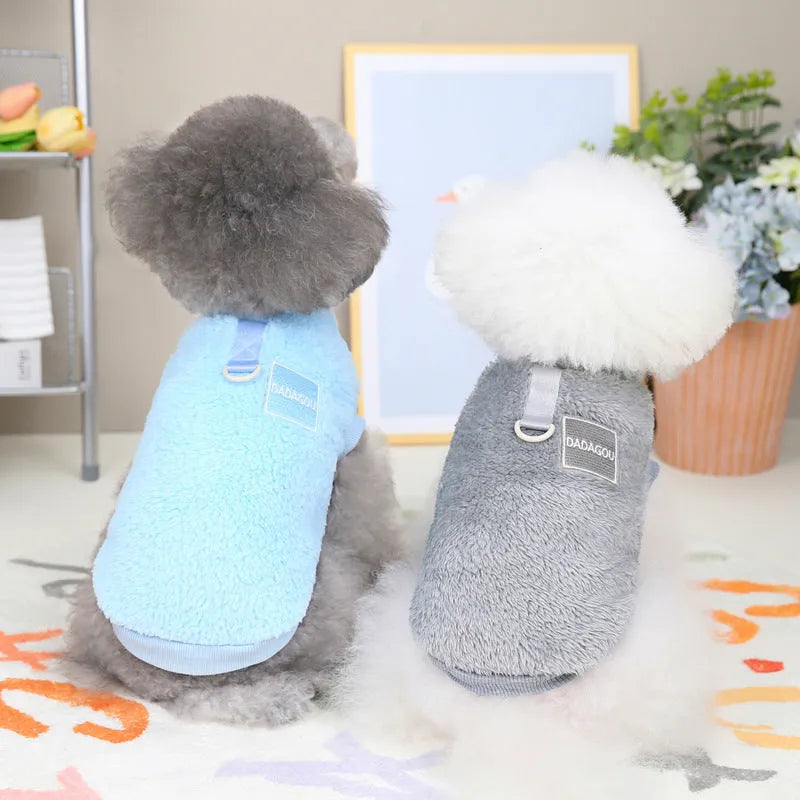 Blue coral fleece pet jacket with a coloured pull ring, shown on a mannequin.