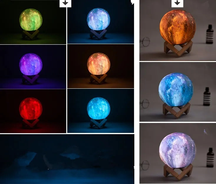 3D printed spherical lunar lamp with colour changing LED light on a surface.