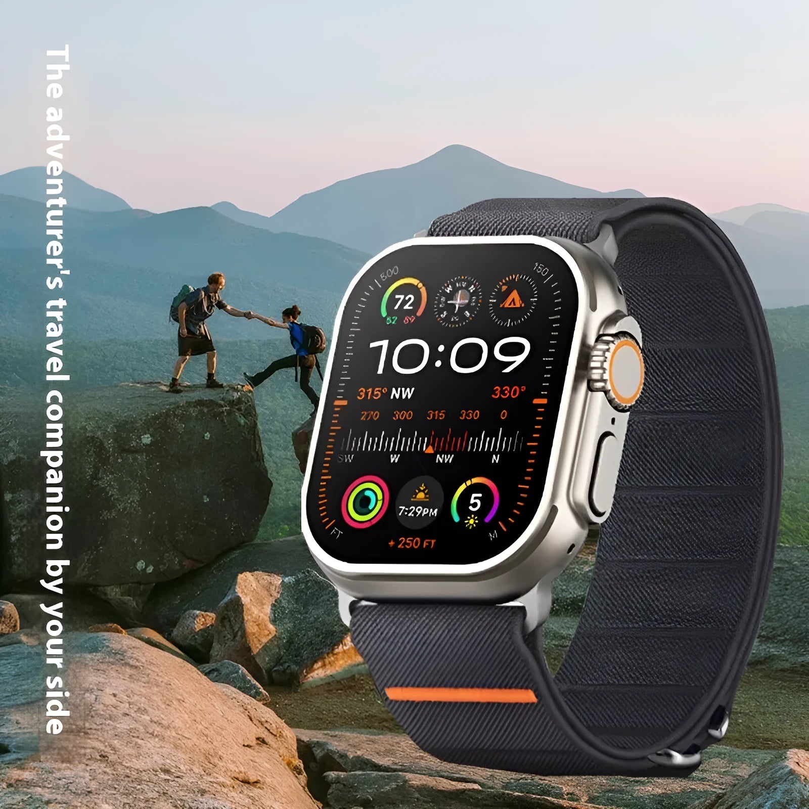 Elastic nylon sports watchband with stainless steel buckle for Apple Watch, shown in multiple colour options.