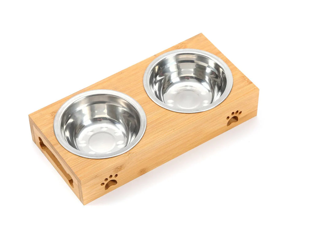 Solid wood pet dining table with stainless steel bowls in bamboo colour for elevated pet feeding