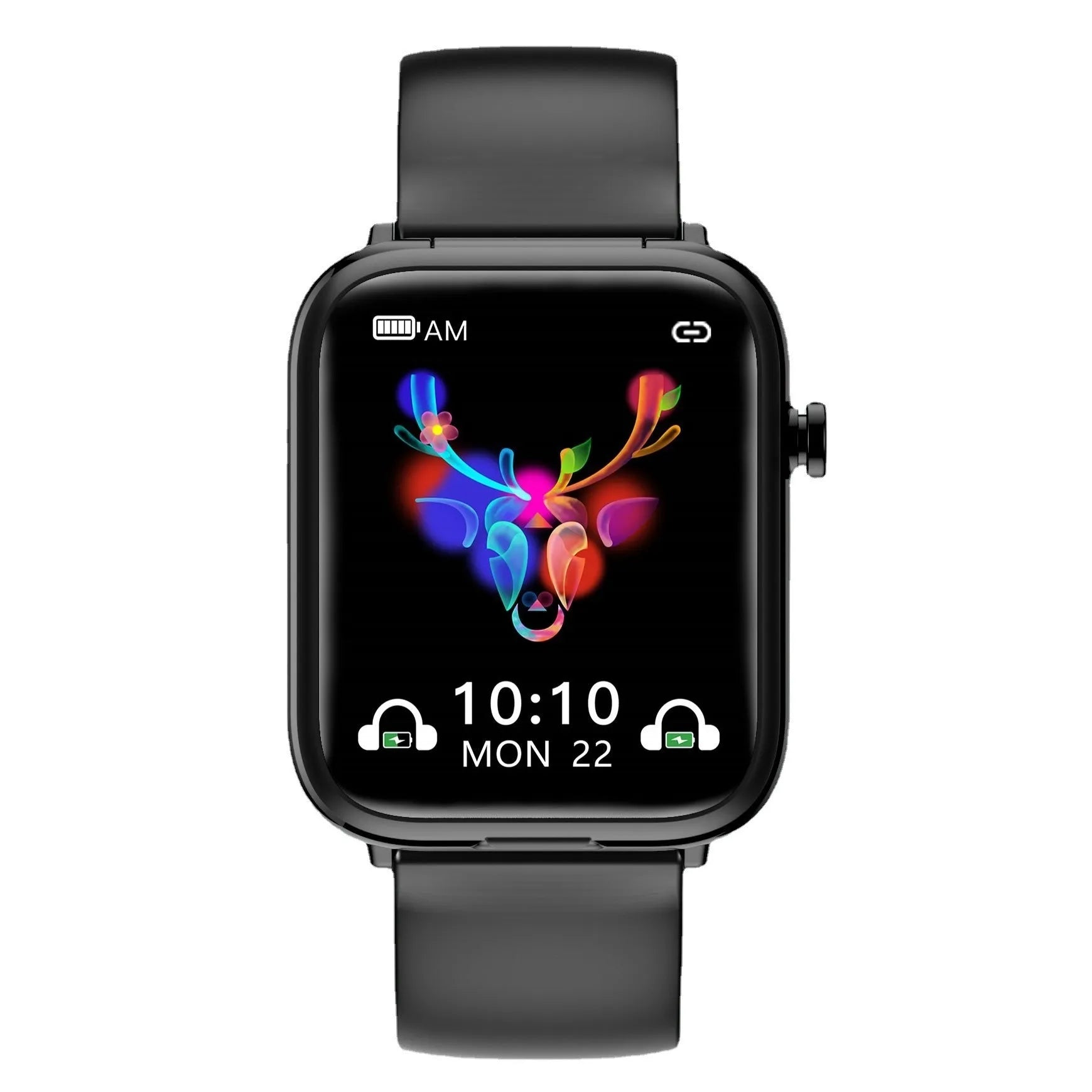 Black all-touch smartwatch with 1.69-inch screen and integrated Bluetooth earbuds on a wrist.