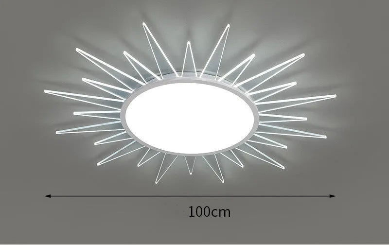 Round aluminium LED ceiling lamp with remote control for dimmable white and tricolour lighting.