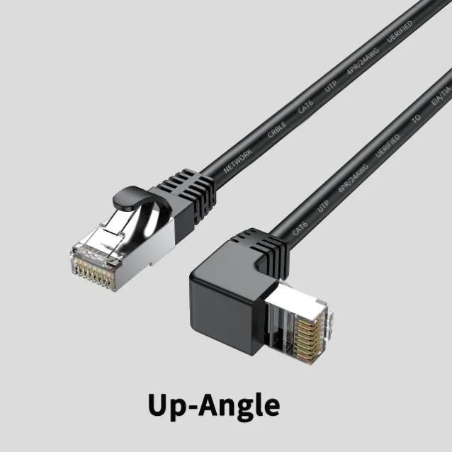 Black Cat6 Ethernet cable with right-angle metal RJ45 connector showing different orientation options