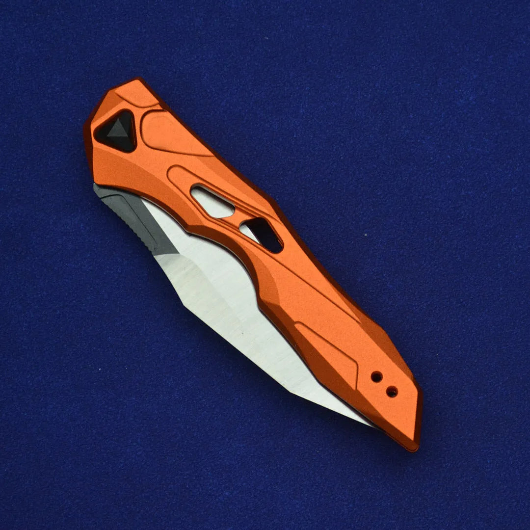 Black folding fruit knife with D2 steel blade and aluminium handle fully extended to 19cm