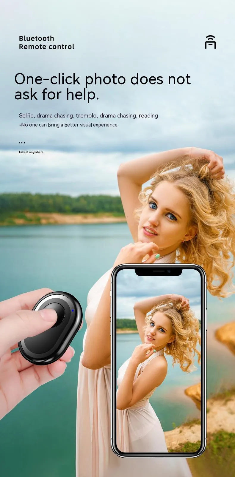 Compact black wireless Bluetooth remote control for smartphone camera photography