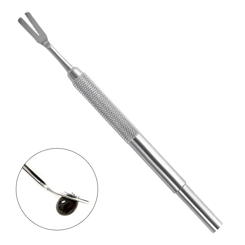 Silver stainless steel tick removal tweezers for pets with narrow slotted head