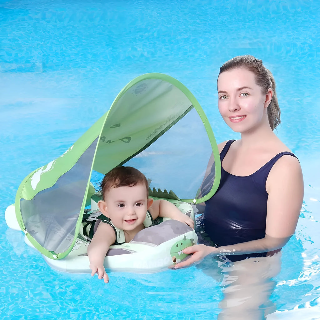 Dinosaur pattern baby inflatable swimming ring with integrated sun shade in green colour