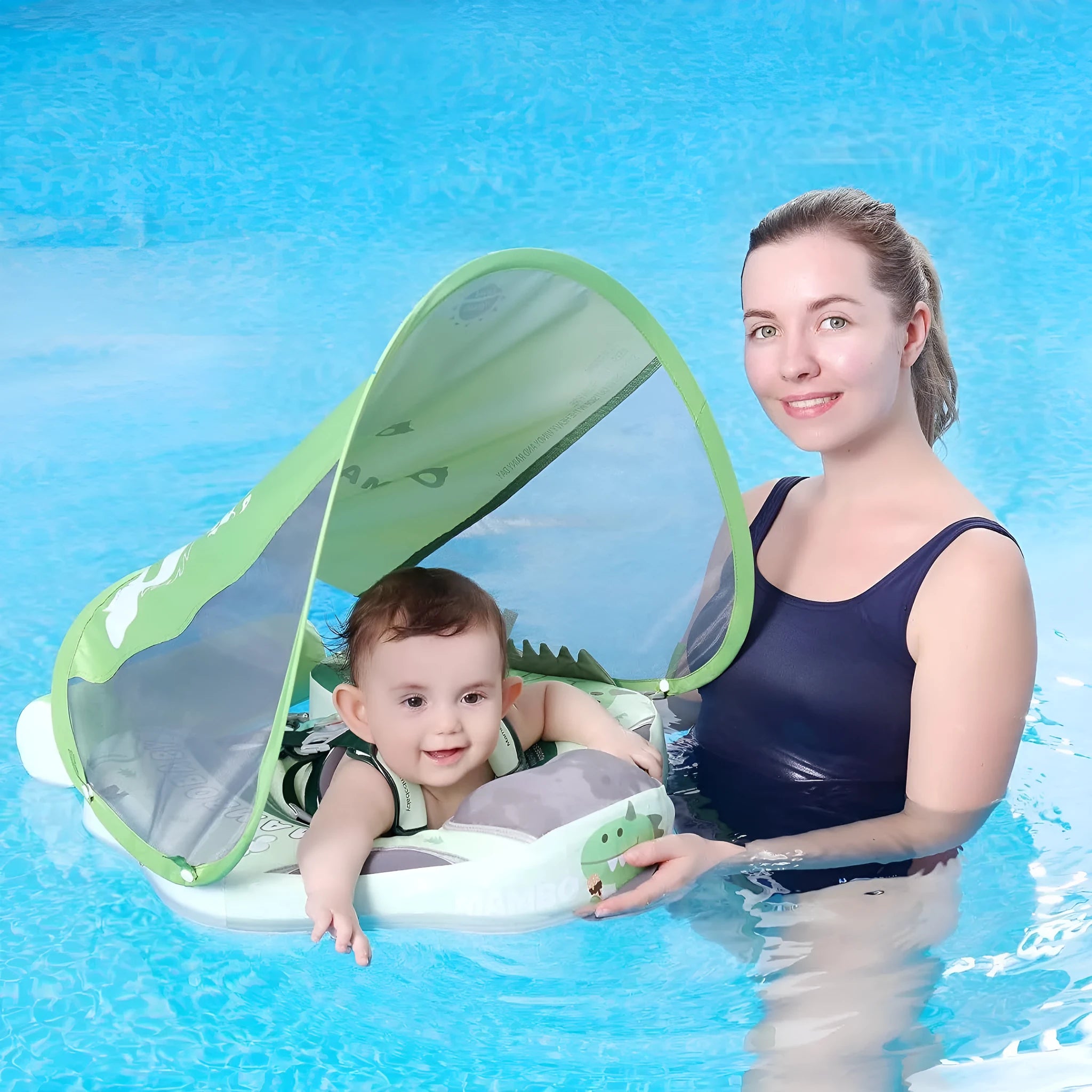 Dinosaur pattern baby inflatable swimming ring with integrated sun shade in green colour