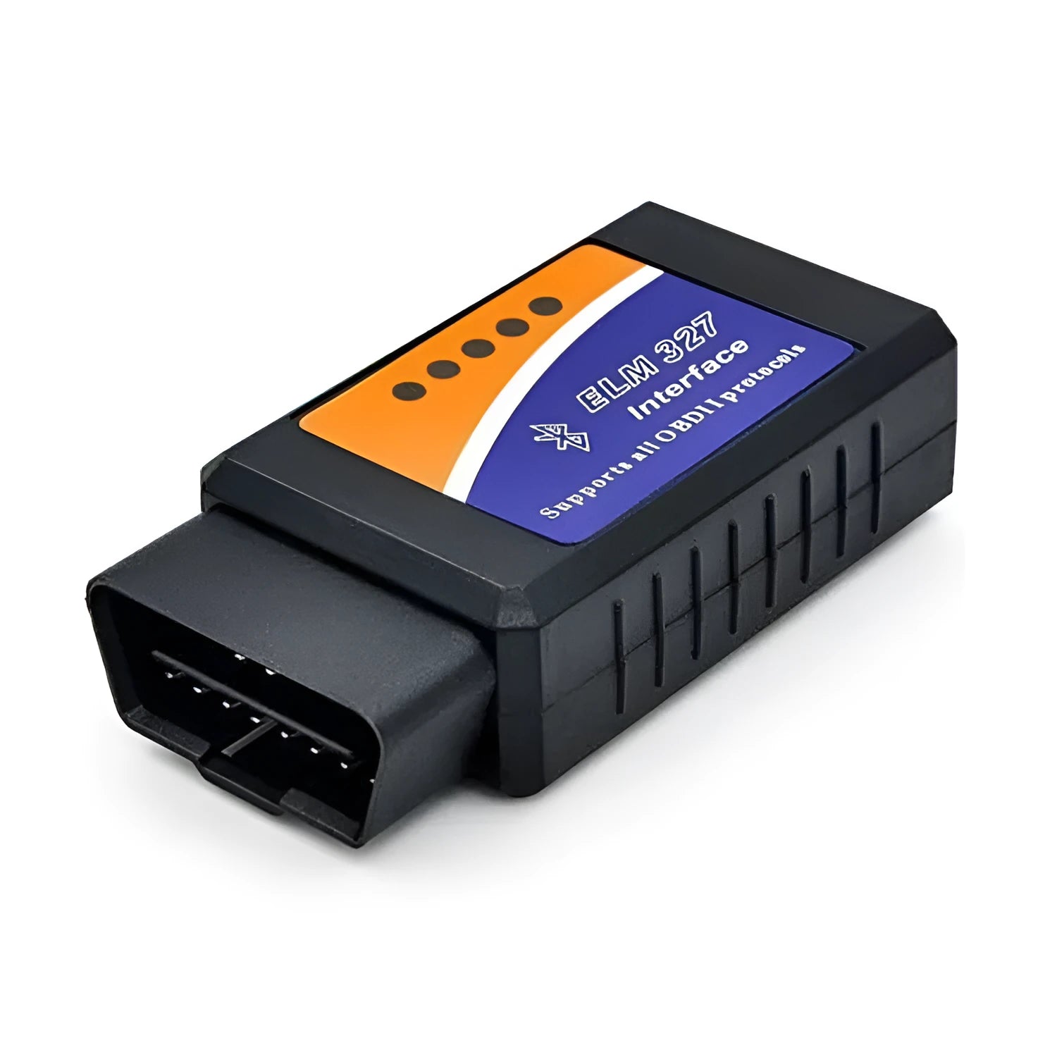 Small black Bluetooth OBD2 car diagnostic scanner next to a vehicle's diagnostic port