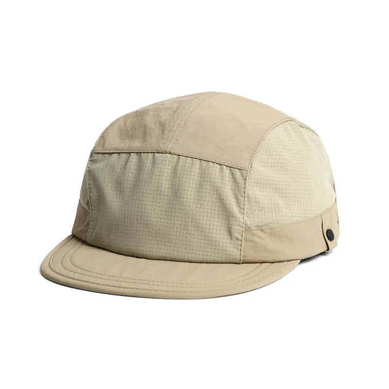 Khaki coloured dome crown summer cap made from breathable polyester fabric on a white background.