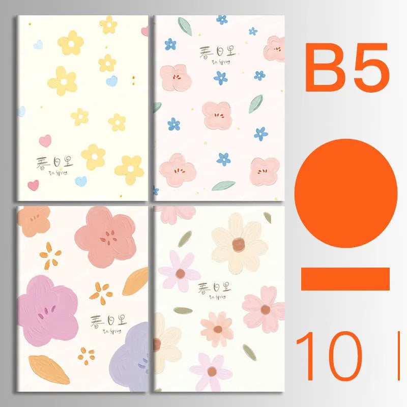 Ten soft cover thread-bound notebooks in A5 and B5 sizes with various designs