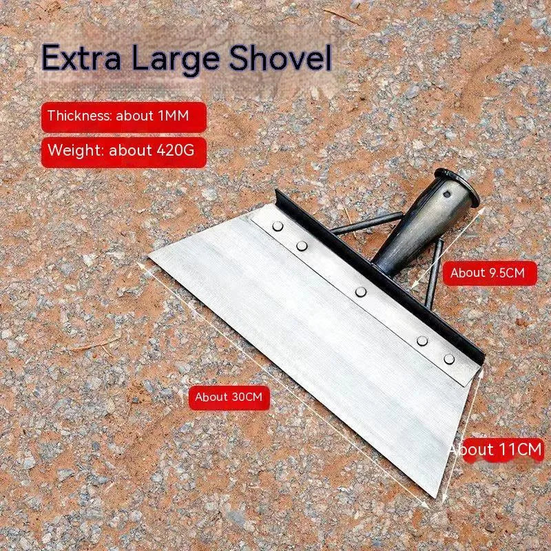 Manganese steel cleaning shovel with thickened head shown in available sizes for garden and household use.