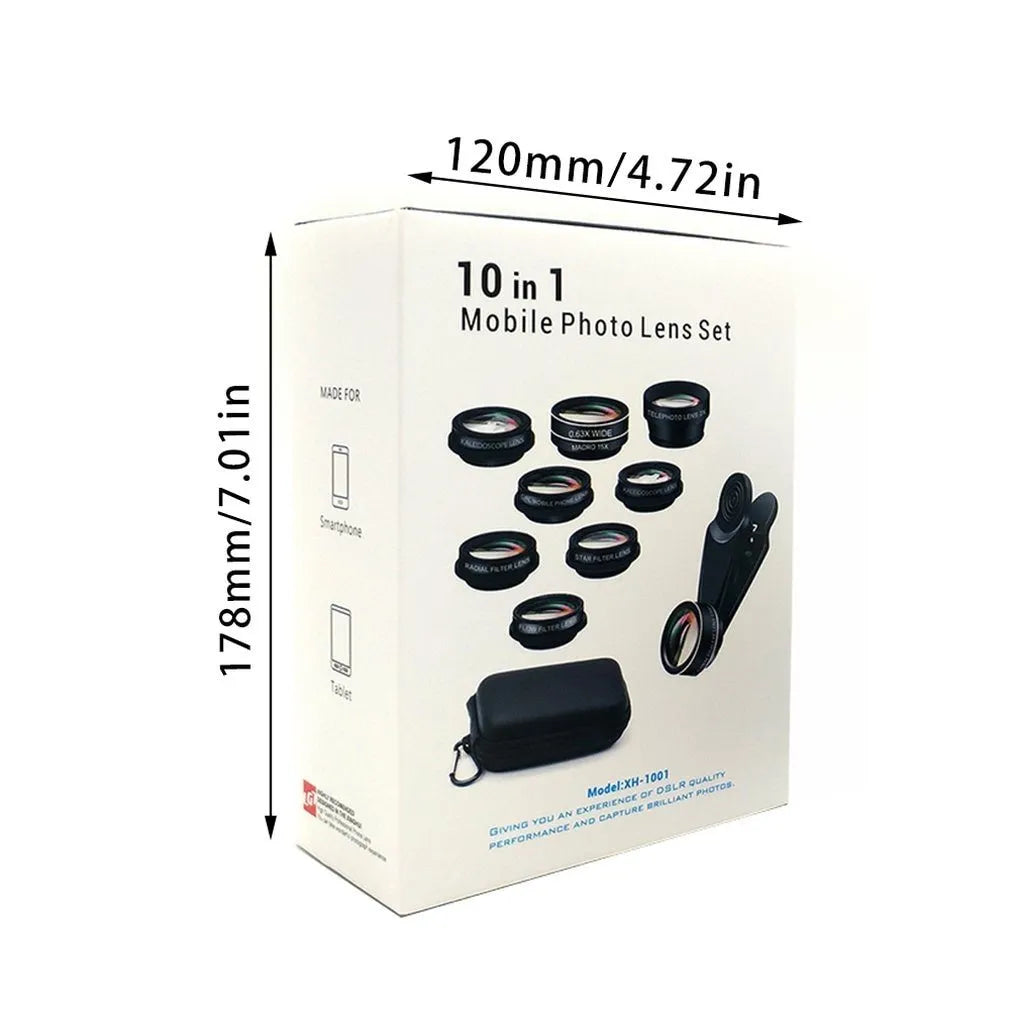 Black ten-piece smartphone camera lens set with fisheye lens and metal housing on a table.