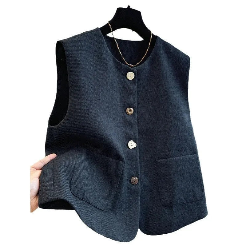Women's milky white sleeveless bandage vest with round neck, French style design