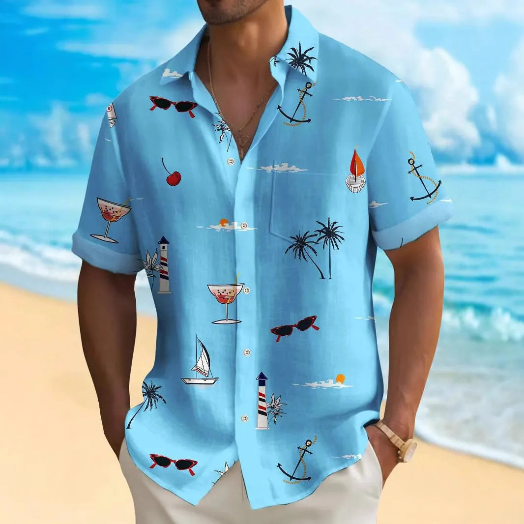 Man modelling a loose-fit, short-sleeve Hawaiian shirt with a colourful digital print pattern.