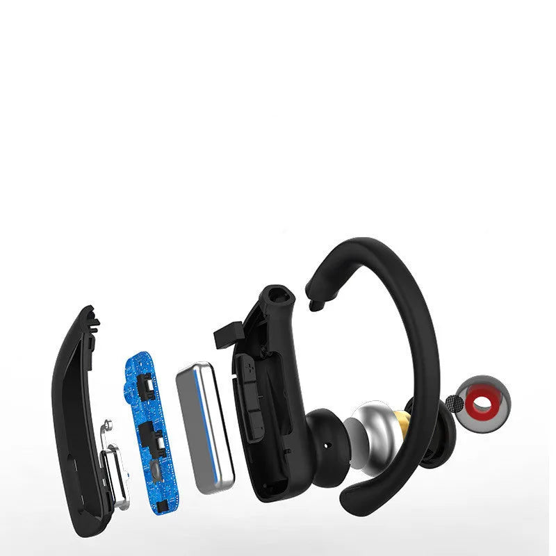 Black wireless Bluetooth headset with LED digital display showing battery and connection status