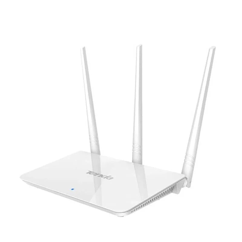 White wireless router with dual-band 2.4GHz and 5GHz support for wired broadband connections.