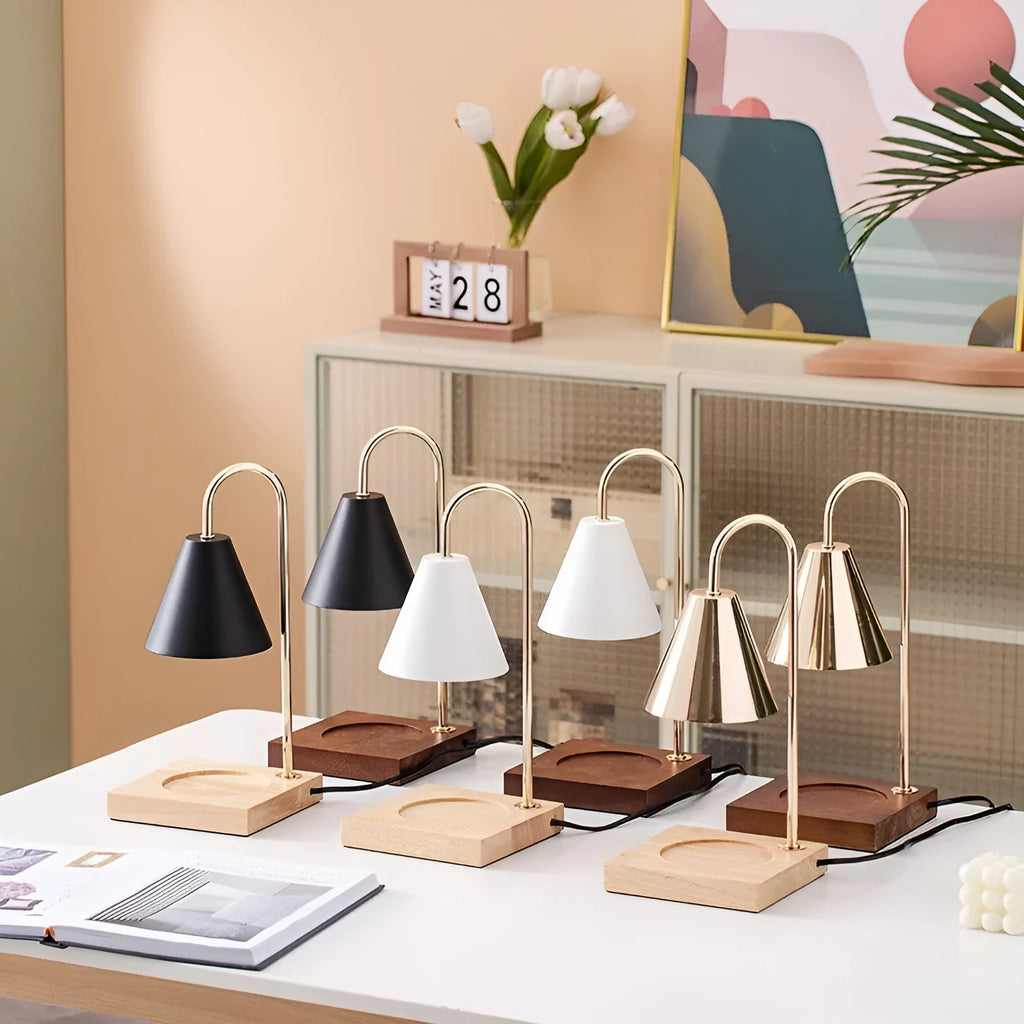 Wax melting lamp with oak wood base and white iron lampshade on a bedside table