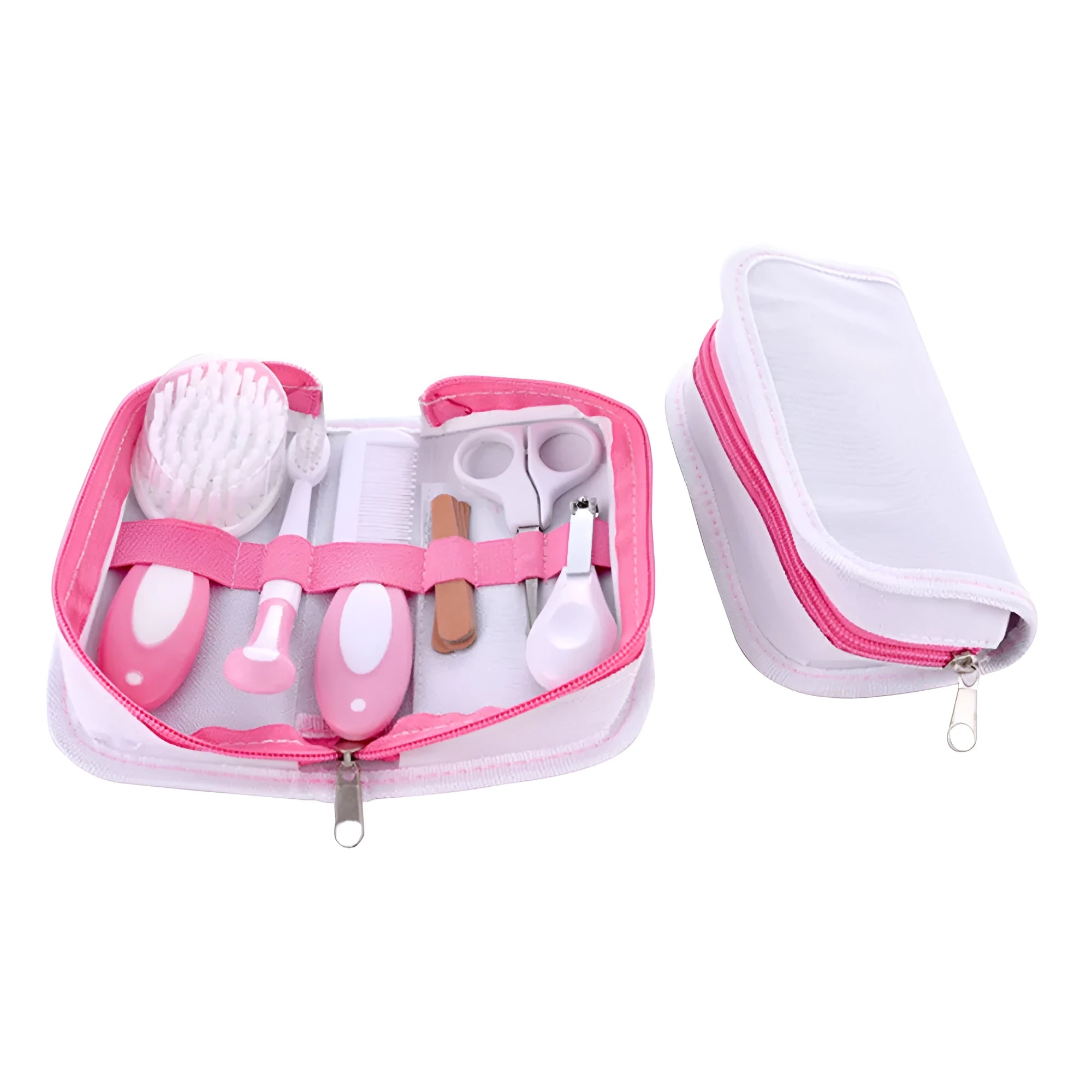 Cherry pink baby nail comb care set with 6 grooming tools including brush and scissors