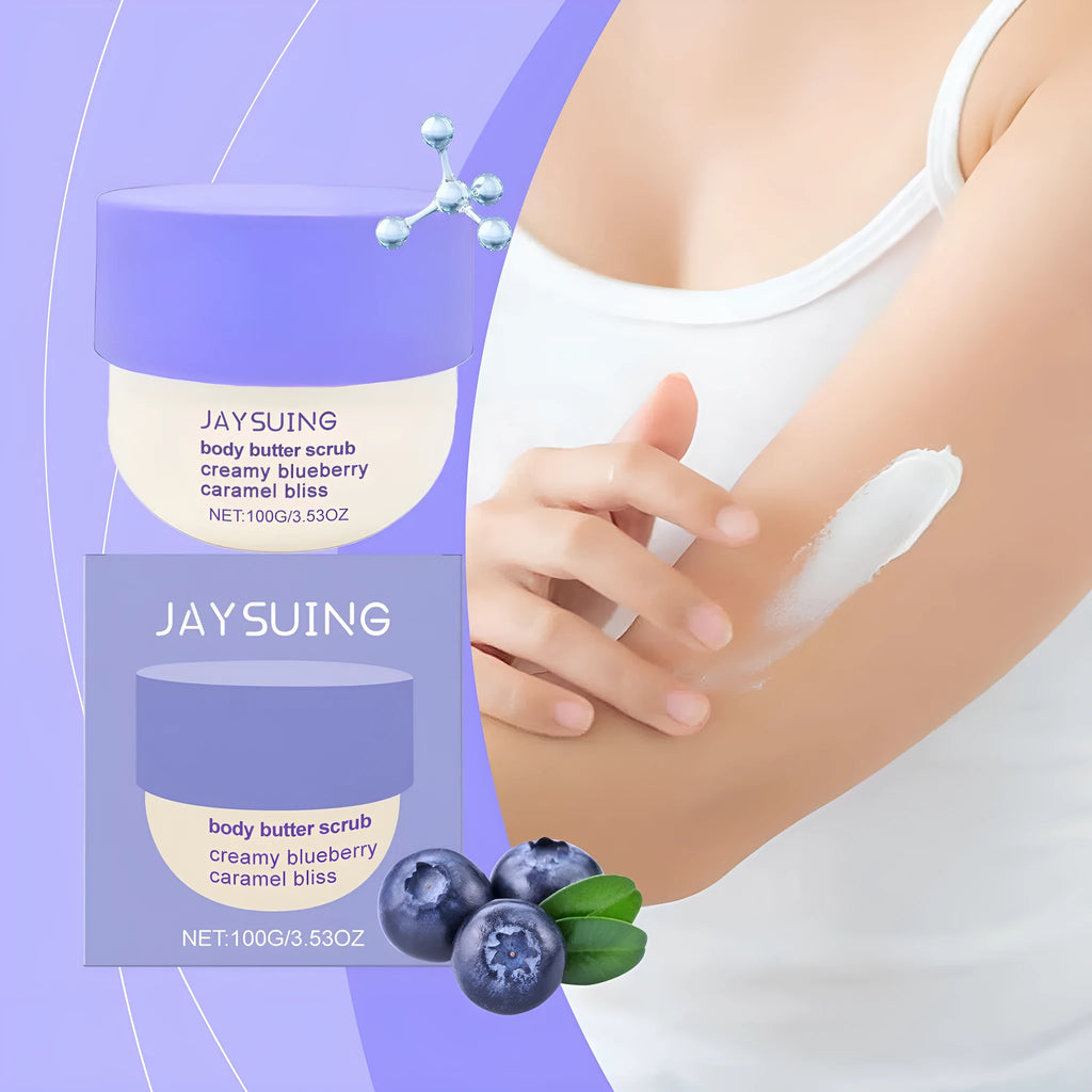 Blueberry Caramel Body Scrub Cream jar showing 100g mild exfoliating treatment