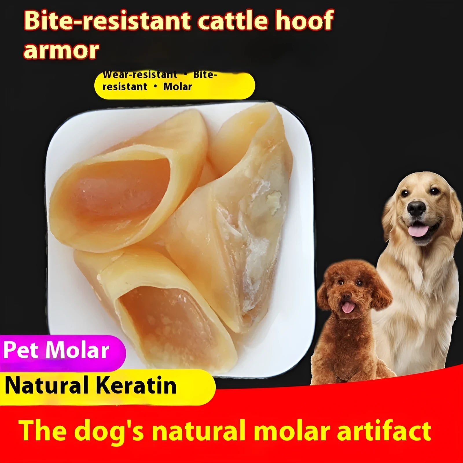 Natural cowhide hoof shell chew for dogs on a white background, showing small and large size options.