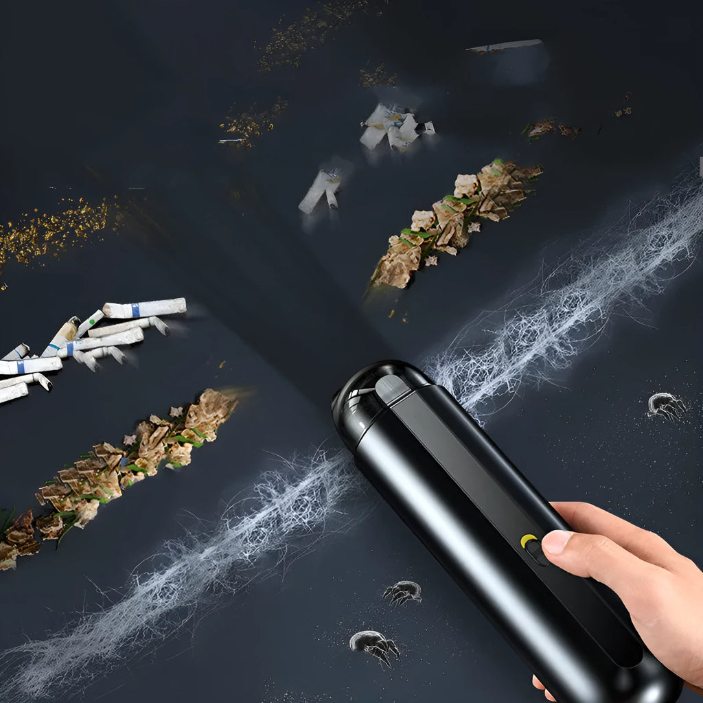 Baseus handheld cordless car vacuum cleaner with blowing hose, shown in black next to its 60ml dust cup.