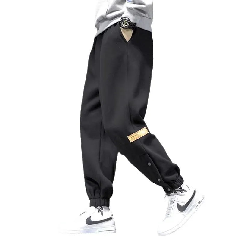 Cotton blend velvet padded skinny ankle strap casual trousers in black, autumn winter sportswear