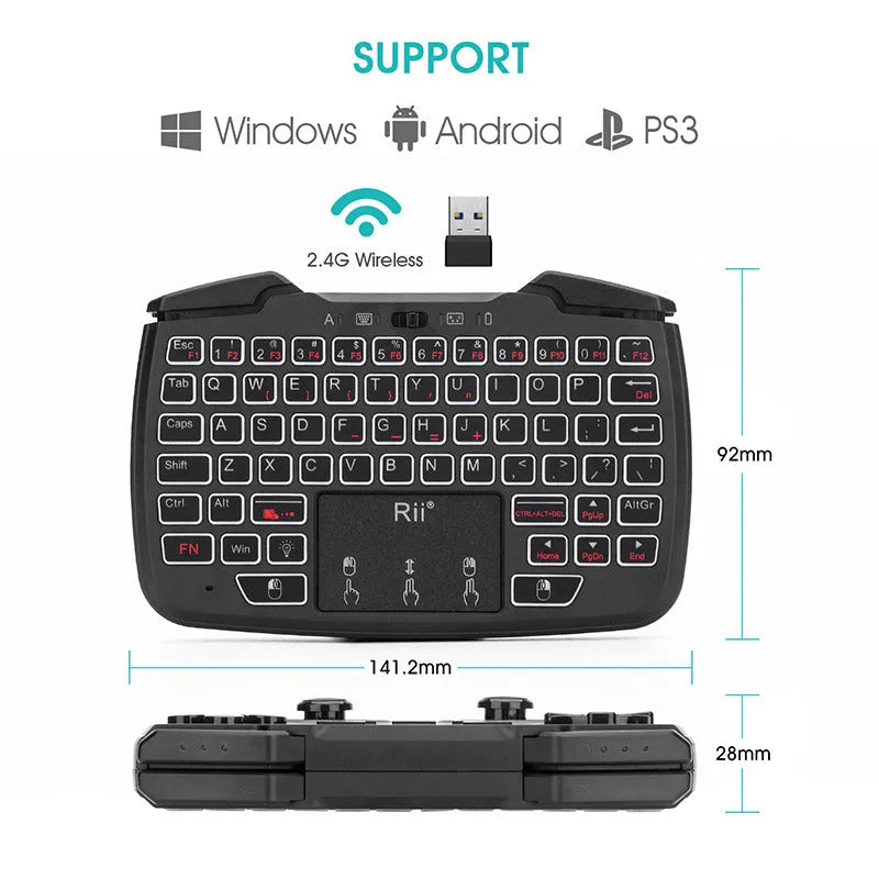 Wireless mini keyboard in black with USB receiver, compact ergonomic design for desktop use.