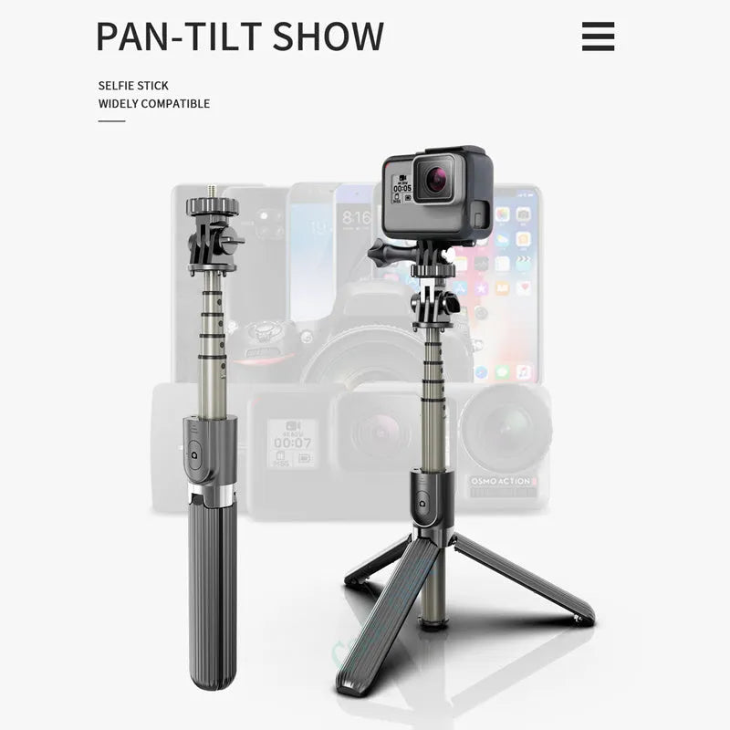 Black aluminium alloy iPhone tripod selfie stick fully extended to 700mm next to a smartphone.