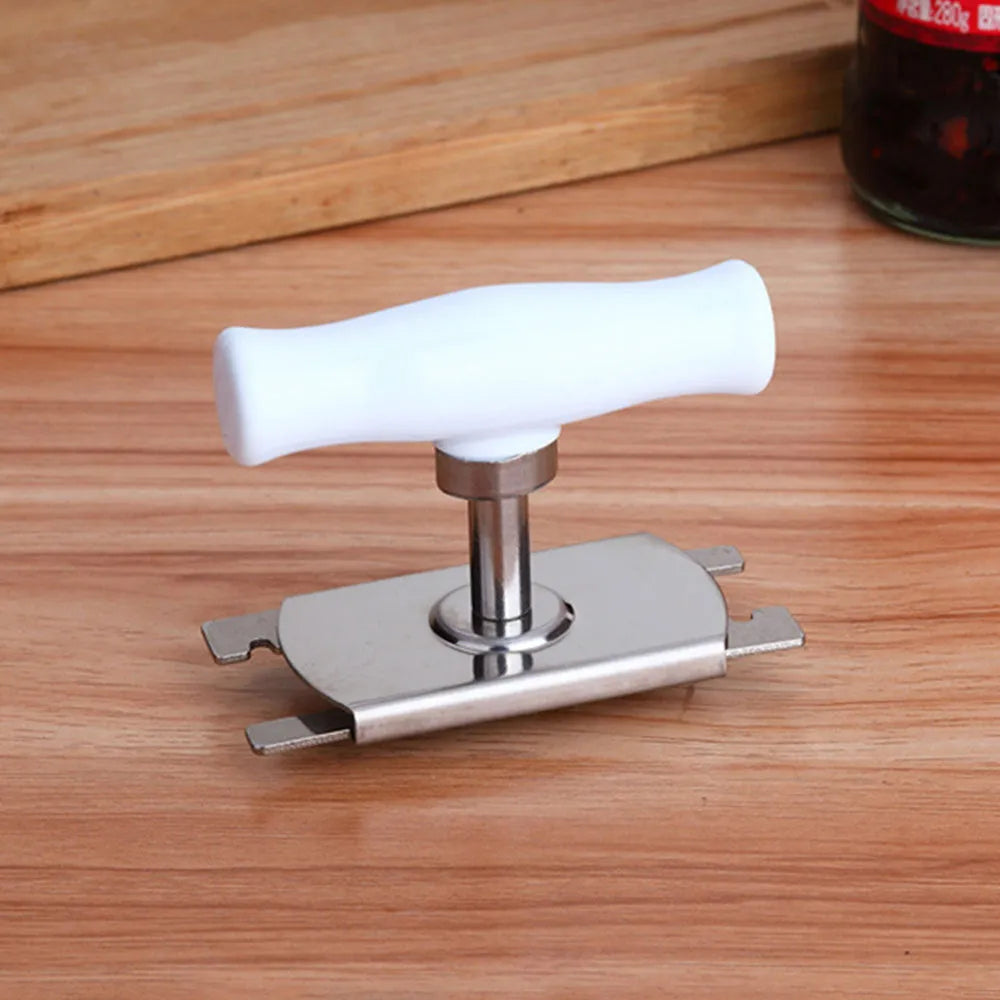 White adjustable stainless steel bottle cap opener with gear mechanism and textured handle.