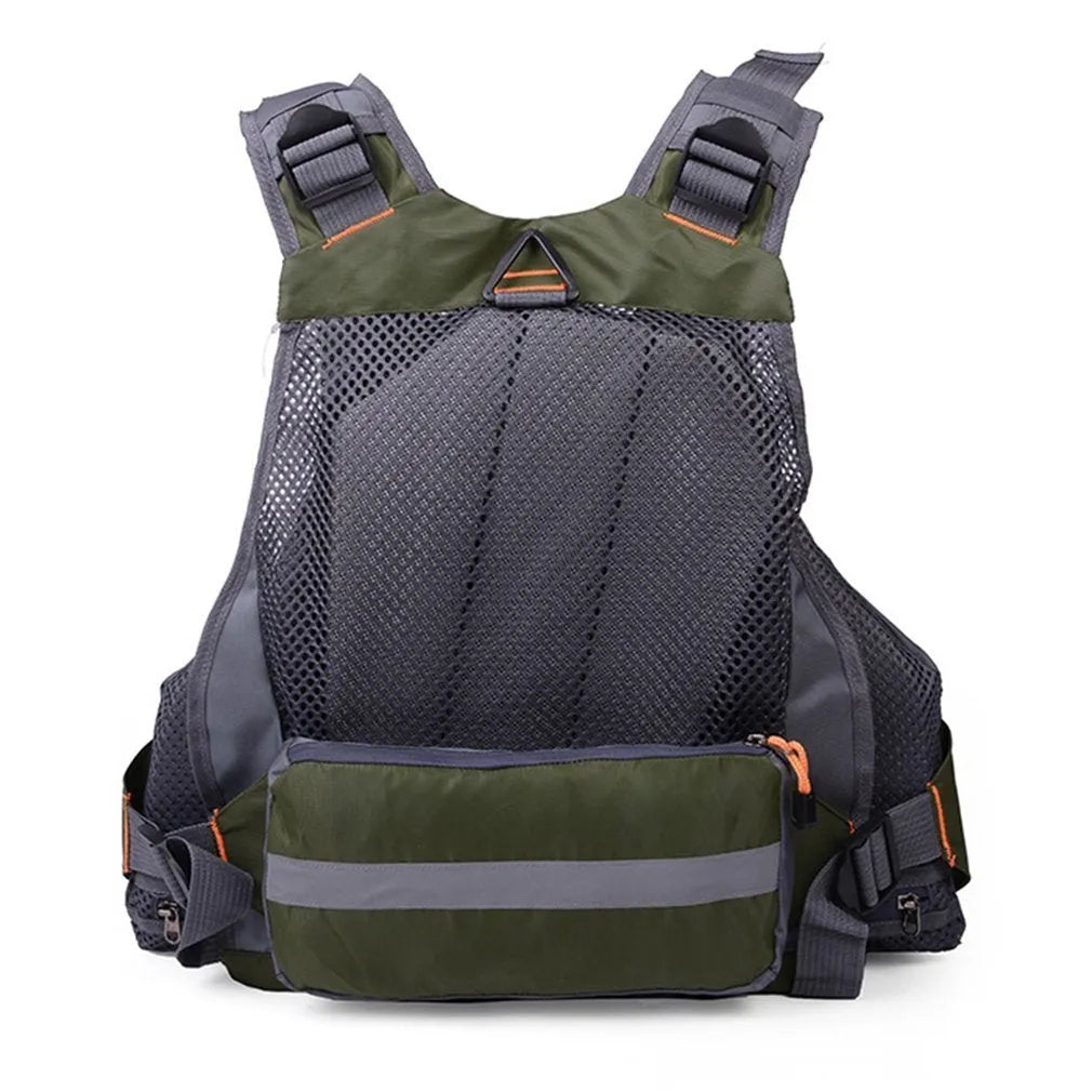Men's outdoor fishing life vest with 11 pockets, detachable flotation, and reflective strips