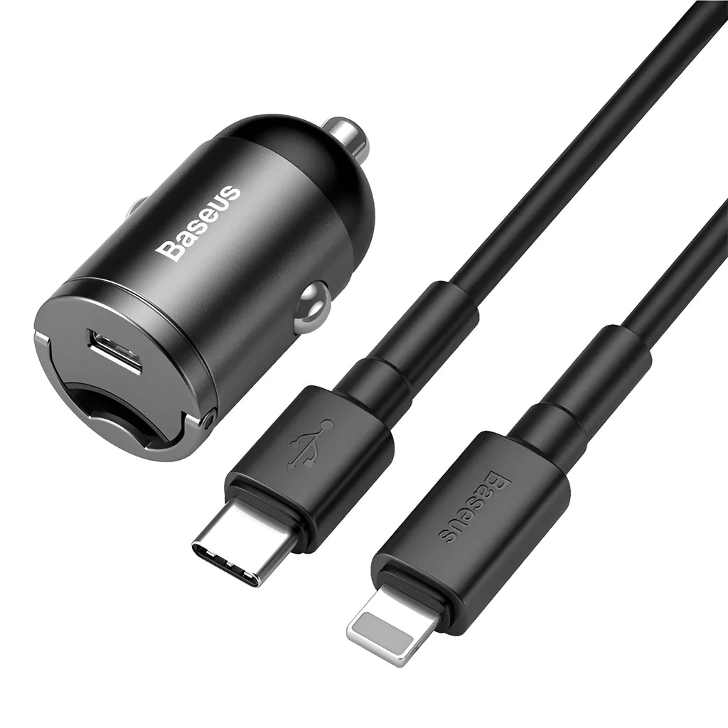 Baseus electro-optical grey 30W PPS fast car charger with 1 metre USB cable.