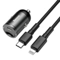Baseus electro-optical grey 30W PPS fast car charger with 1 metre USB cable.