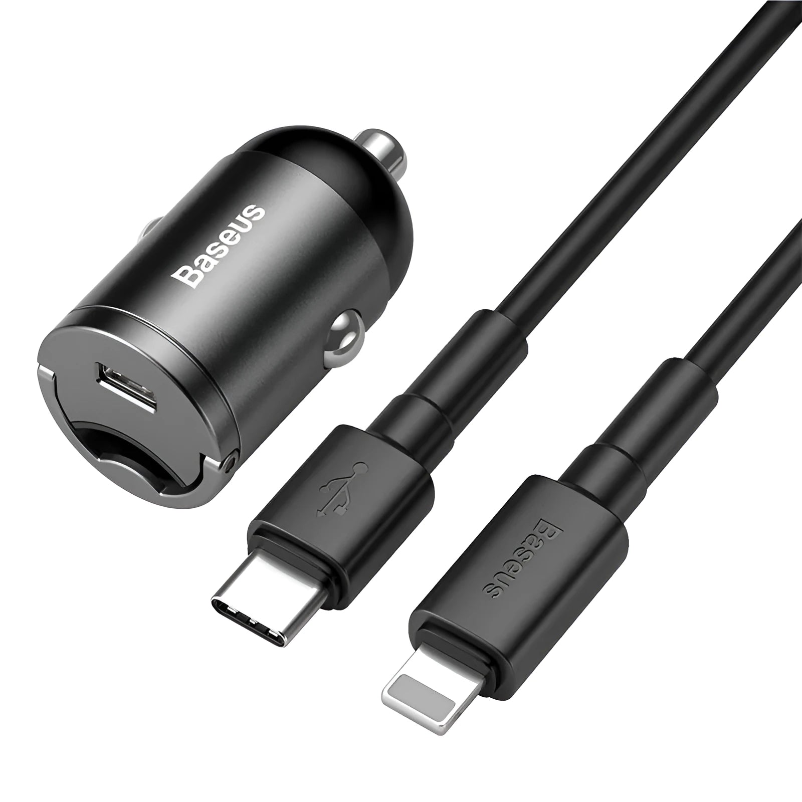 Baseus electro-optical grey 30W PPS fast car charger with 1 metre USB cable.