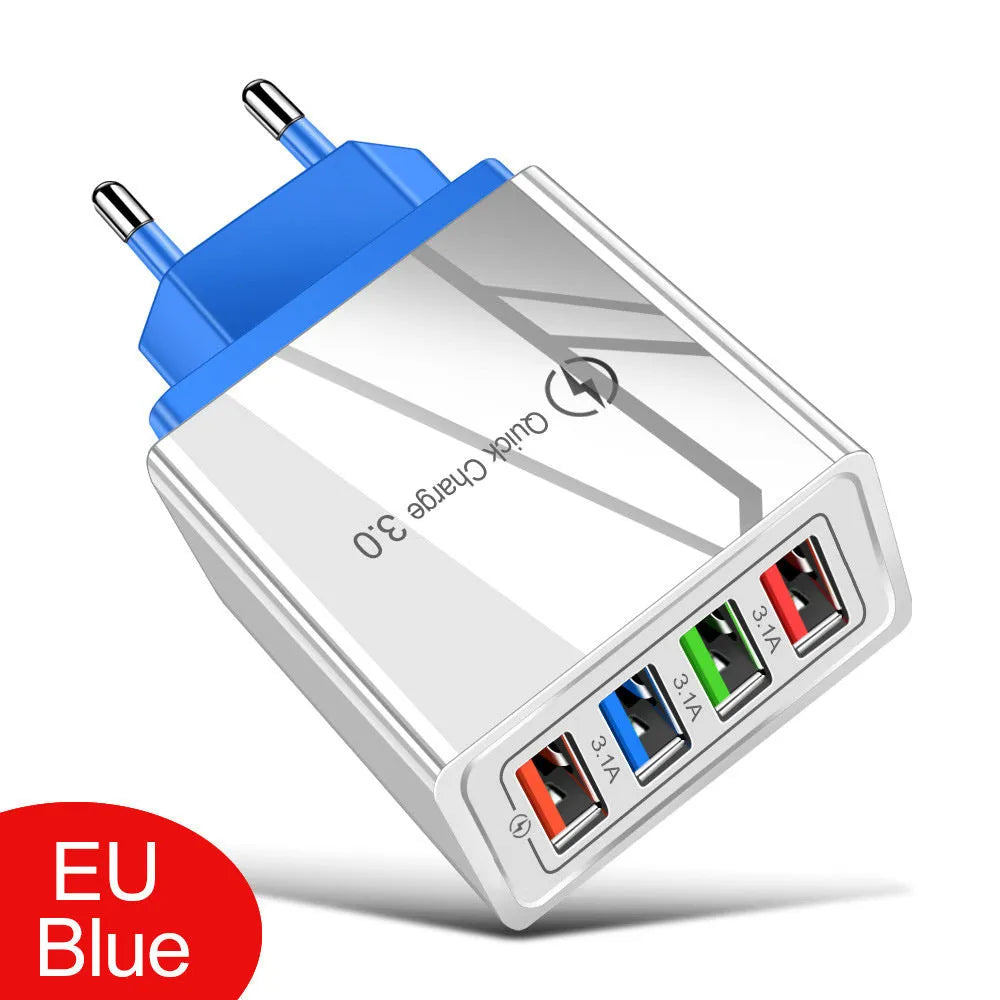 Black and white multi-port USB wall charger with luminous light indicator and UK three-pin plug