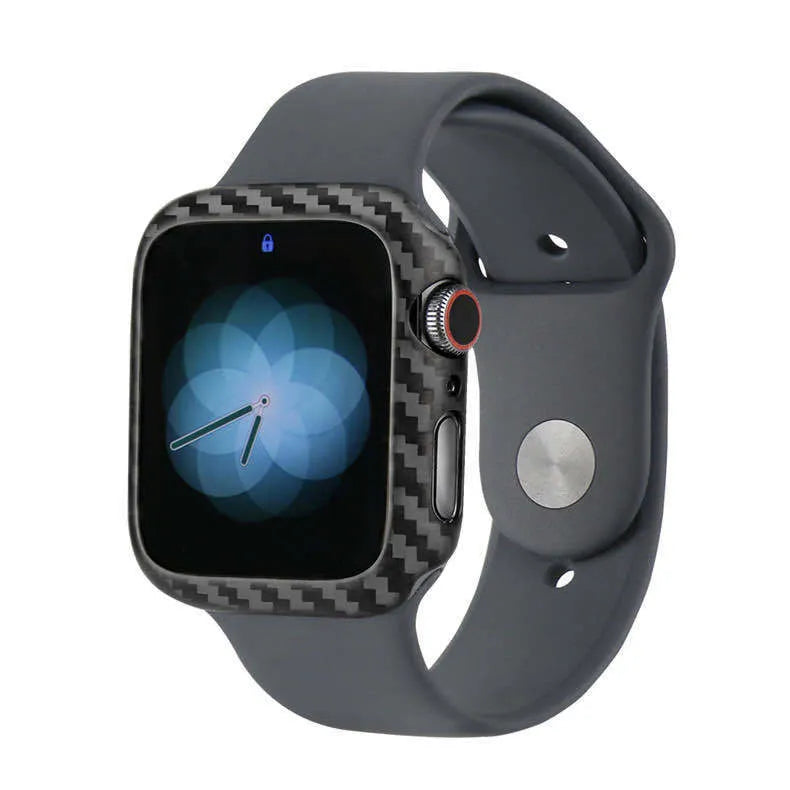 Apple Watch 4 protective case in half wrap leather design with carbon fibre detailing for 44mm models