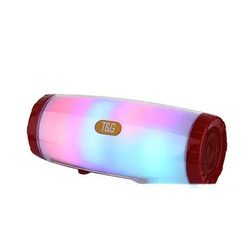 Portable Bluetooth speaker with LED lighting in blue colour showing front controls and dimensions