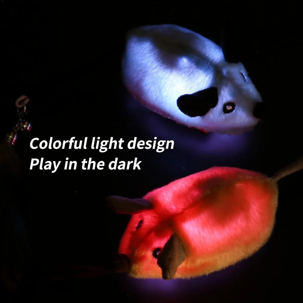 Rechargeable interactive cat mouse toy with LED lights and feather tail for indoor feline entertainment