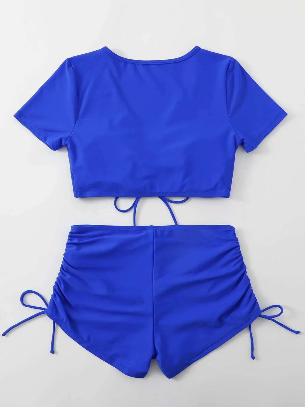 Women's lace-up bow swimsuit in dark green colour, two-piece design with top and shorts