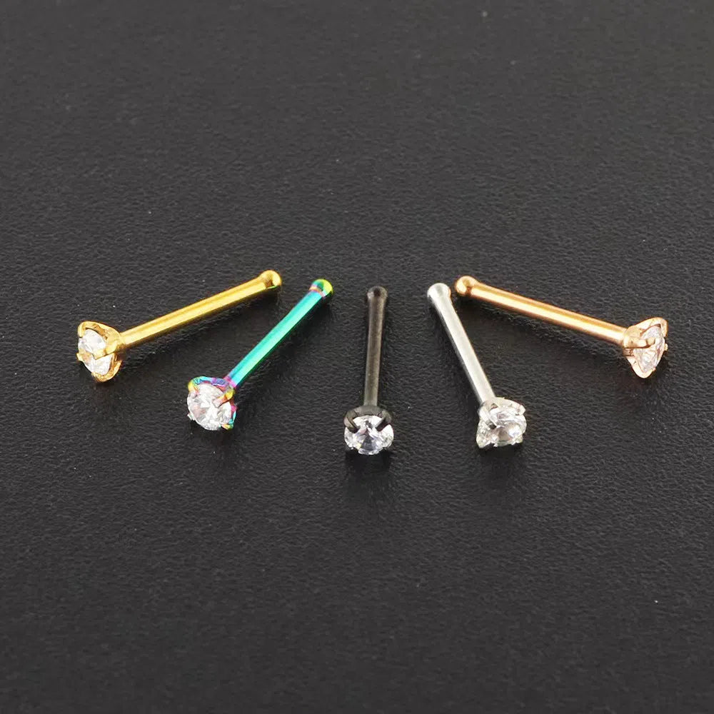 Geometric round zircon nose stud with four-claw setting stainless steel straight rod unisex
