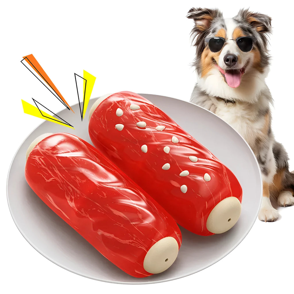 Primary colour plastic bone-shaped dog toy with a hollow treat-holding molar rod section.