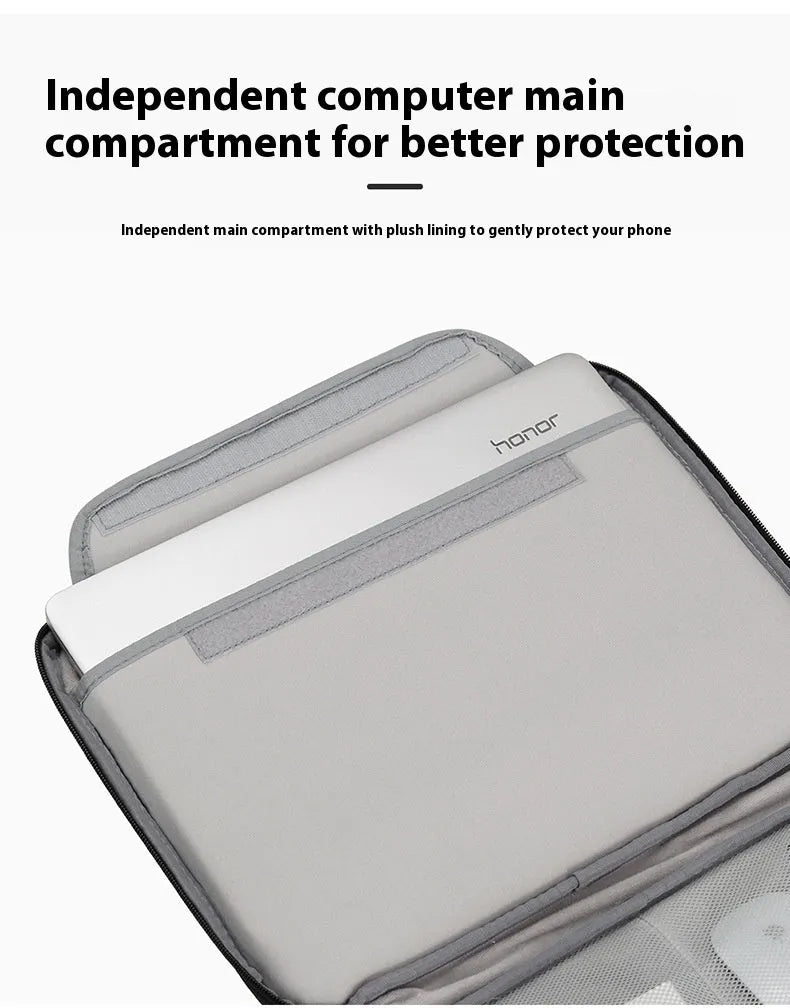 Black waterproof oxford cloth laptop bag for business travel with a soft carry handle, shown open.